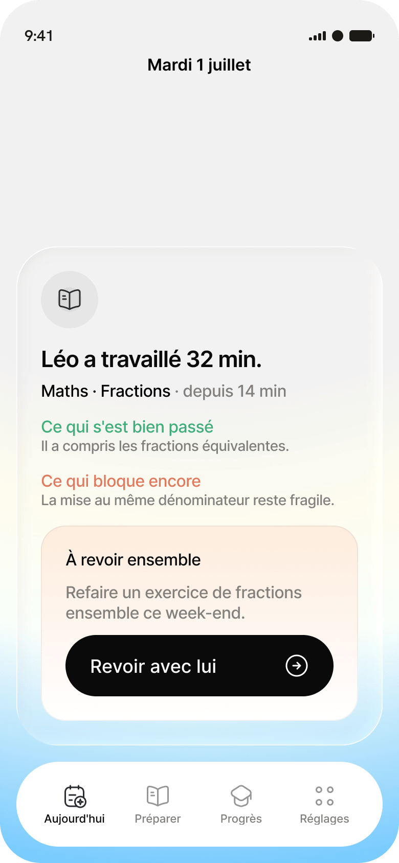 Recap screen of the KAÏDO app: “Léo worked for 32 min”, what went well, what is still tricky, to go over together