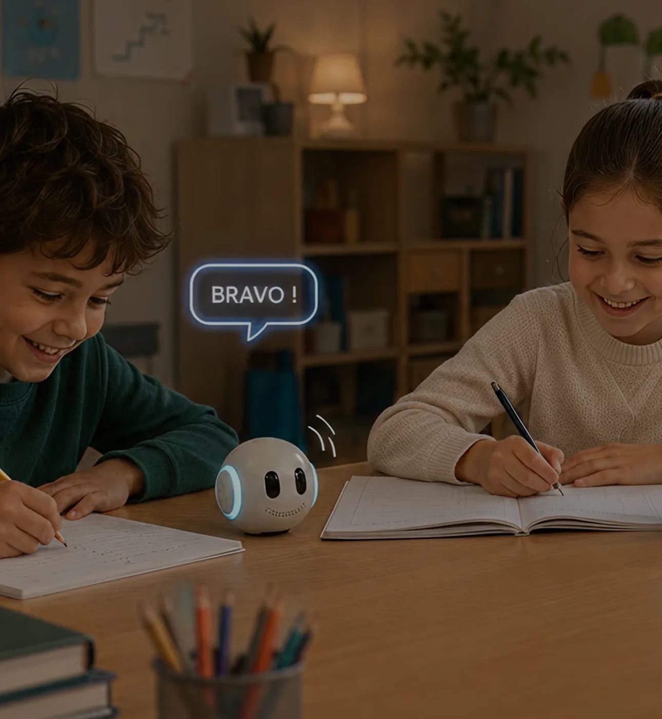 Two children doing their homework with KAÏDO, a “WELL DONE!” bubble