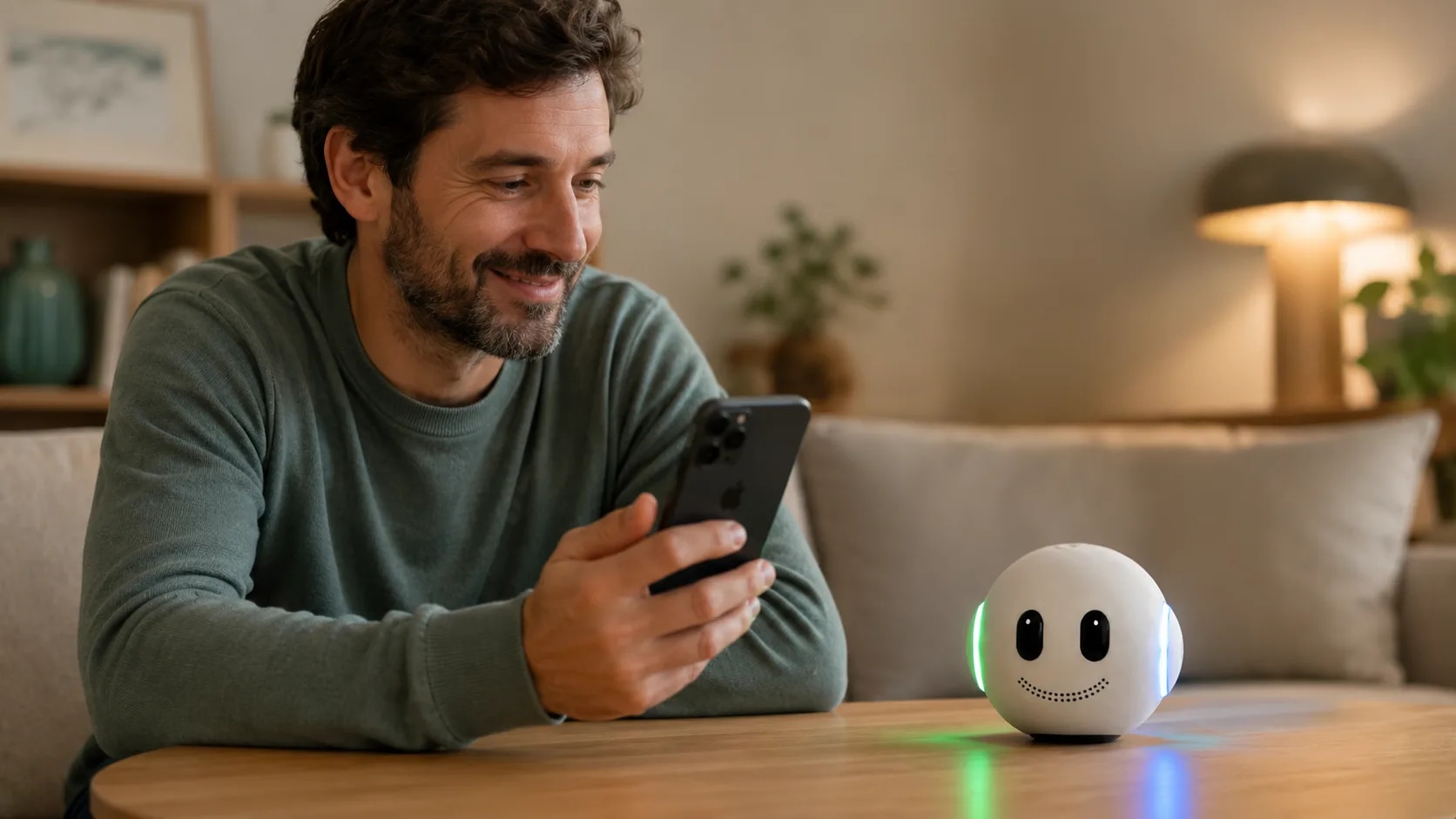 A parent checks the KAÏDO app on their iPhone, the KAÏDO sphere sitting on the living-room table